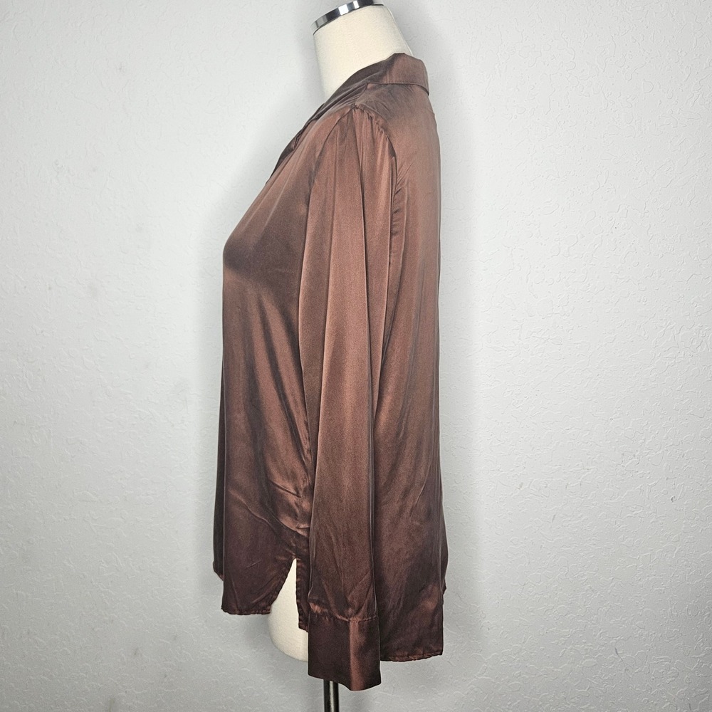 Joie Silk Button Front Blouse Copper Brown Long Sleeve Notched Collar Washable M - Picture 6 of 9